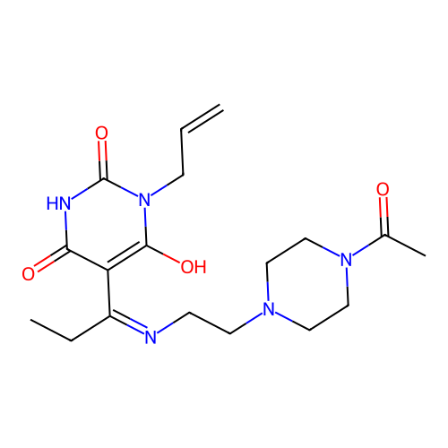 (E)-5-(1-((2-(4-acetylpiperazin-1-yl)ethyl)amino)propylidene)-1-allylpyrimidine-2,4,6(1H,3H,5H)-trione structure