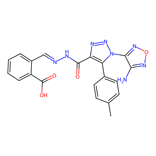 (E)-2-((2-(1-(4-amino-1,2,5-oxadiazol-3-yl)-5-(p-tolyl)-1H-1,2,3-triazole-4-carbonyl)hydrazono)methyl)benzoic acid structure