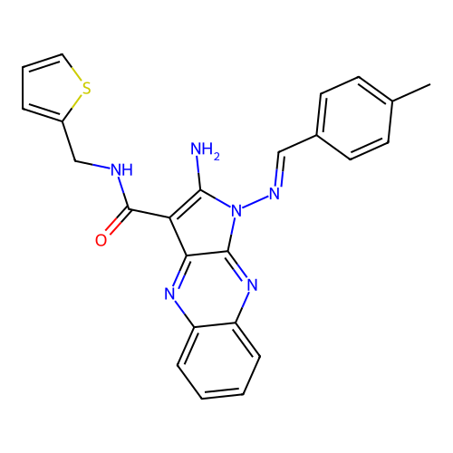(E)-2-amino-1-((4-methylbenzylidene)amino)-N-(thiophen-2-ylmethyl)-1H-pyrrolo[2,3-b]quinoxaline-3-carboxamide structure