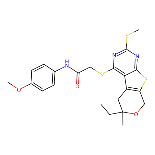 2-{[6-ethyl-6-methyl-2-(methylsulfanyl)-5,8-dihydro-6H-pyrano[4',3':4,5]thieno[2,3-d]pyrimidin-4-yl]sulfanyl}-N-(4-methoxyphenyl)acetamide structure