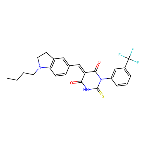 (5E)-5-[(1-butyl-2,3-dihydro-1H-indol-5-yl)methylidene]-2-sulfanyl-1-[3-(trifluoromethyl)phenyl]pyrimidine-4,6(1H,5H)-dione structure