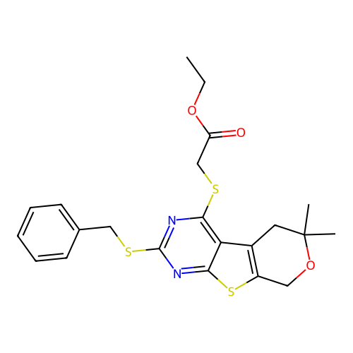ethyl {[2-(benzylsulfanyl)-6,6-dimethyl-5,8-dihydro-6H-pyrano[4',3':4,5]thieno[2,3-d]pyrimidin-4-yl]sulfanyl}acetate structure