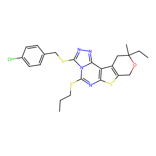 3-((4-chlorobenzyl)thio)-10-ethyl-10-methyl-5-(propylthio)-10,11-dihydro-8H-pyrano[4',3':4,5]thieno[3,2-e][1,2,4]triazolo[4,3-c]pyrimidine structure