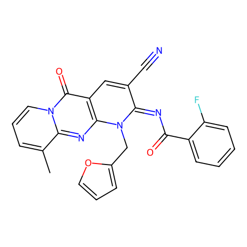 (E)-N-(3-cyano-1-(furan-2-ylmethyl)-10-methyl-5-oxo-1H-dipyrido[1,2-a:2',3'-d]pyrimidin-2(5H)-ylidene)-2-fluorobenzamide structure