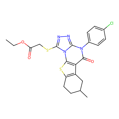 ethyl {[4-(4-chlorophenyl)-7-methyl-5-oxo-4,5,6,7,8,9-hexahydro[1]benzothieno[3,2-e][1,2,4]triazolo[4,3-a]pyrimidin-1-yl]sulfanyl}acetate structure