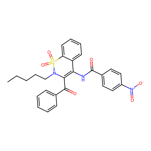 N-(3-benzoyl-1,1-dioxido-2-pentyl-2H-1,2-benzothiazin-4-yl)-4-nitrobenzamide structure