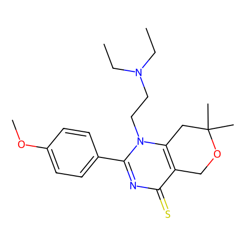 1-[2-(diethylamino)ethyl]-2-(4-methoxyphenyl)-7,7-dimethyl-1,5,7,8-tetrahydro-4H-pyrano[4,3-d]pyrimidine-4-thione structure