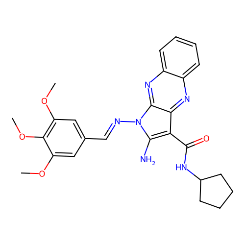 (E)-2-amino-N-cyclopentyl-1-((3,4,5-trimethoxybenzylidene)amino)-1H-pyrrolo[2,3-b]quinoxaline-3-carboxamide structure