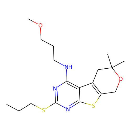 N-(3-methoxypropyl)-6,6-dimethyl-2-(propylsulfanyl)-5,8-dihydro-6H-pyrano[4',3':4,5]thieno[2,3-d]pyrimidin-4-amine structure