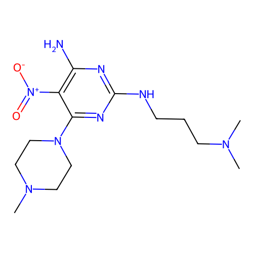 (3-{[4-amino-6-(4-methylpiperazinyl)-5-nitropyrimidin-2-yl]amino}propyl)dimeth ylamine structure