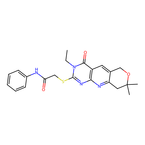 2-((3-ethyl-8,8-dimethyl-4-oxo-4,6,8,9-tetrahydro-3H-pyrano[3',4':5,6]pyrido[2,3-d]pyrimidin-2-yl)thio)-N-phenylacetamide structure