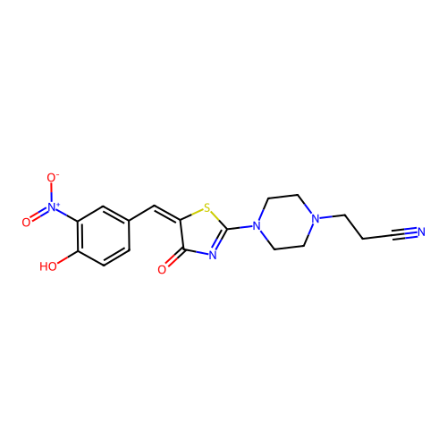 (E)-3-(4-(5-(4-hydroxy-3-nitrobenzylidene)-4-oxo-4,5-dihydrothiazol-2-yl)piperazin-1-yl)propanenitrile structure