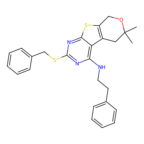 2-(benzylsulfanyl)-6,6-dimethyl-N-(2-phenylethyl)-5,8-dihydro-6H-pyrano[4',3':4,5]thieno[2,3-d]pyrimidin-4-amine structure