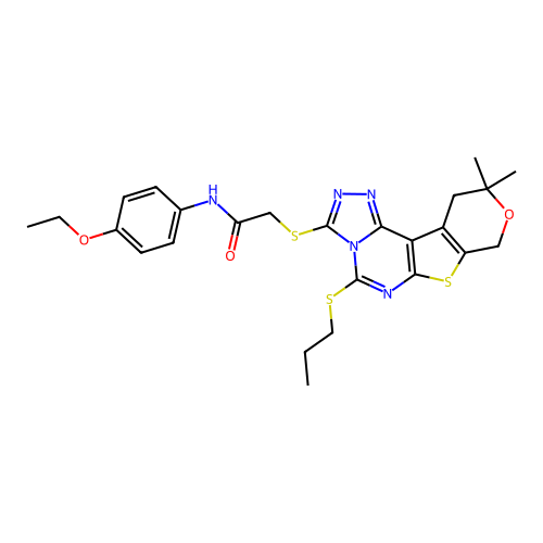 2-((10,10-dimethyl-5-(propylthio)-10,11-dihydro-8H-pyrano[4',3':4,5]thieno[3,2-e][1,2,4]triazolo[4,3-c]pyrimidin-3-yl)thio)-N-(4-ethoxyphenyl)acetamide structure