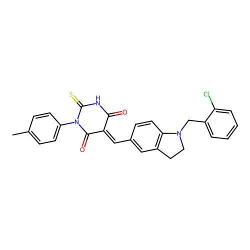 (5E)-5-[[1-[(2-chlorophenyl)methyl]-2,3-dihydroindol-5-yl]methylidene]-1-(4-methylphenyl)-2-sulfanylidene-1,3-diazinane-4,6-dione structure