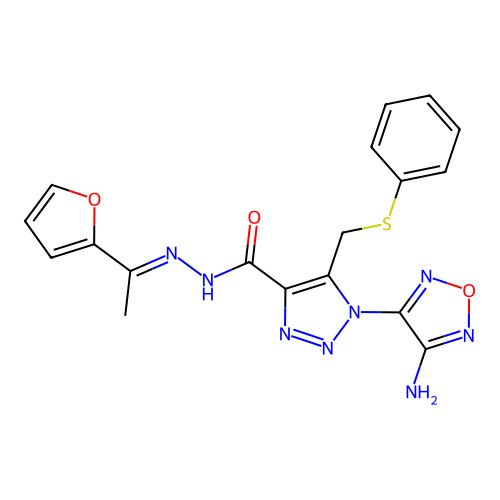 (E)-1-(4-amino-1,2,5-oxadiazol-3-yl)-N'-(1-(furan-2-yl)ethylidene)-5-((phenylthio)methyl)-1H-1,2,3-triazole-4-carbohydrazide structure