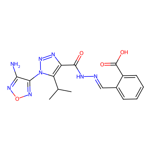 (E)-2-((2-(1-(4-amino-1,2,5-oxadiazol-3-yl)-5-isopropyl-1H-1,2,3-triazole-4-carbonyl)hydrazono)methyl)benzoic acid structure