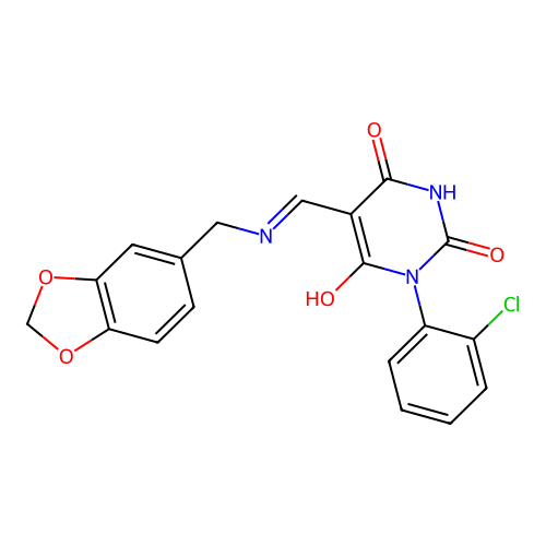 (5E)-5-[(1,3-benzodioxol-5-ylmethylamino)methylidene]-1-(2-chlorophenyl)-1,3-diazinane-2,4,6-trione structure