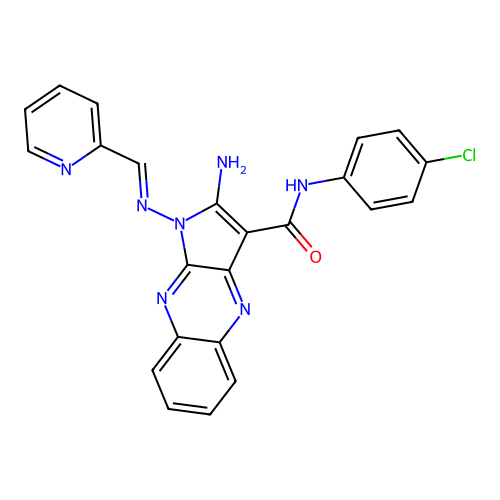 (E)-2-amino-N-(4-chlorophenyl)-1-((pyridin-2-ylmethylene)amino)-1H-pyrrolo[2,3-b]quinoxaline-3-carboxamide structure