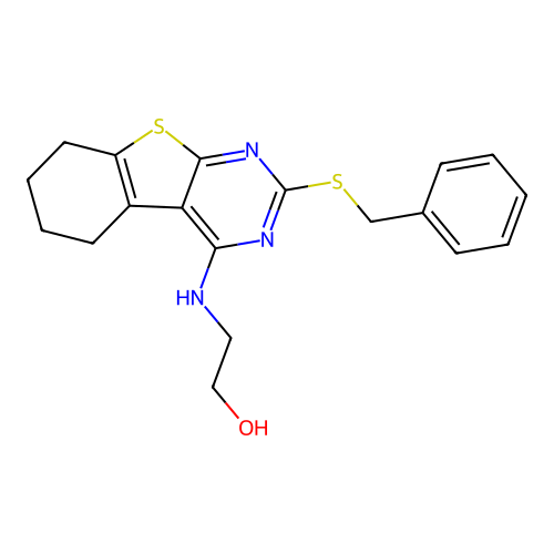 2-((2-(benzylthio)-5,6,7,8-tetrahydrobenzo[4,5]thieno[2,3-d]pyrimidin-4-yl)amino)ethanol structure