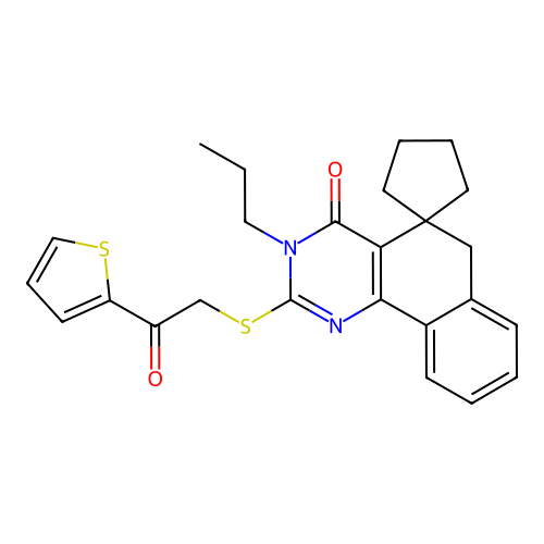 2-((2-oxo-2-(thiophen-2-yl)ethyl)thio)-3-propyl-3H-spiro[benzo[h]quinazoline-5,1'-cyclopentan]-4(6H)-one structure