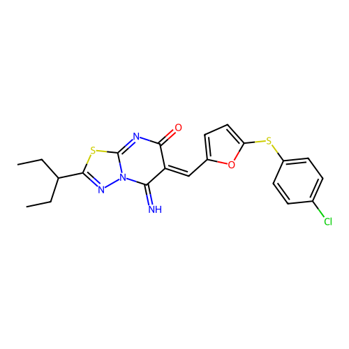 (Z)-6-((5-((4-chlorophenyl)thio)furan-2-yl)methylene)-5-imino-2-(pentan-3-yl)-5H-[1,3,4]thiadiazolo[3,2-a]pyrimidin-7(6H)-one structure