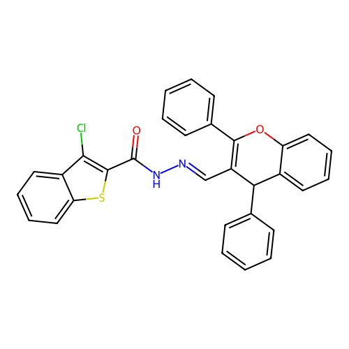 3-chloro-N-[(2,4-diphenyl-4H-chromen-3-yl)methylideneamino]-1-benzothiophene-2-carboxamide structure