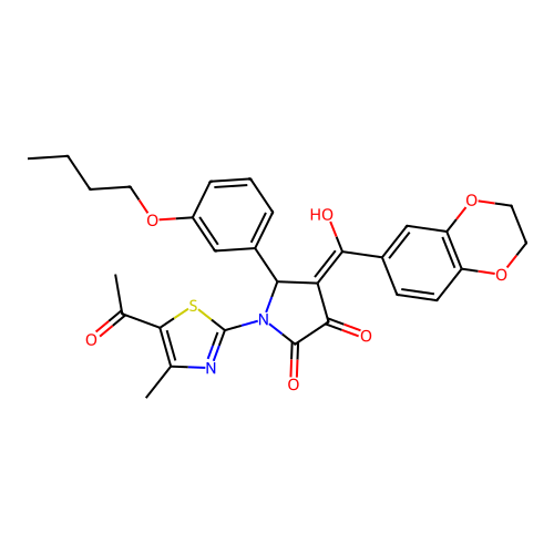 (4E)-1-(5-acetyl-4-methyl-1,3-thiazol-2-yl)-5-(3-butoxyphenyl)-4-[2,3-dihydro-1,4-benzodioxin-6-yl(hydroxy)methylidene]pyrrolidine-2,3-dione structure