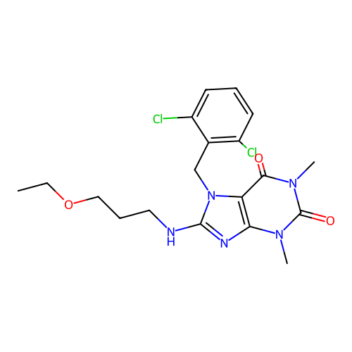 7-[(2,6-dichlorophenyl)methyl]-8-(3-ethoxypropylamino)-1,3-dimethyl-purine-2,6-dione structure