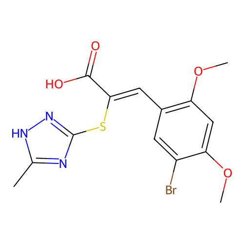 (2Z)-3-(5-bromo-2,4-dimethoxyphenyl)-2-[(3-methyl-1H-1,2,4-triazol-4-ium-5-yl)sulfanyl]prop-2-enoate structure