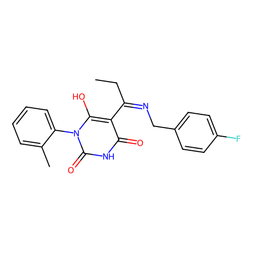 5-[1-[(4-fluorophenyl)methylamino]propylidene]-1-(2-methylphenyl)-1,3-diazinane-2,4,6-trione structure