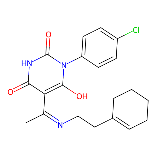 (5E)-1-(4-chlorophenyl)-5-[1-[2-(cyclohexen-1-yl)ethylamino]ethylidene]-1,3-diazinane-2,4,6-trione structure
