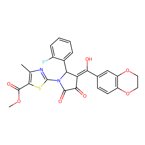 methyl 2-[(3E)-3-[2,3-dihydro-1,4-benzodioxin-6-yl(hydroxy)methylidene]-2-(2-fluorophenyl)-4,5-dioxopyrrolidin-1-yl]-4-methyl-1,3-thiazole-5-carboxylate structure