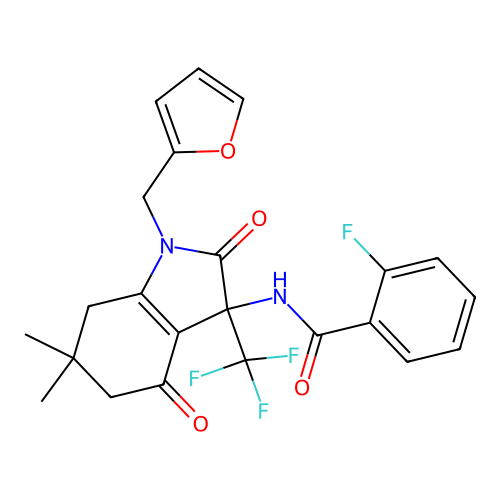 2-fluoro-N-[1-(furan-2-ylmethyl)-6,6-dimethyl-2,4-dioxo-3-(trifluoromethyl)-2,3,4,5,6,7-hexahydro-1H-indol-3-yl]benzamide structure