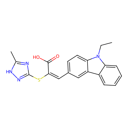 (E)-3-(9-ethyl-9H-carbazol-3-yl)-2-((5-methyl-4H-1,2,4-triazol-3-yl)thio)acrylic acid structure