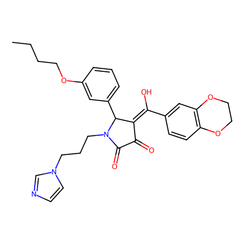 (4E)-5-(3-butoxyphenyl)-4-[2,3-dihydro-1,4-benzodioxin-6-yl(hydroxy)methylidene]-1-(3-imidazol-1-ylpropyl)pyrrolidine-2,3-dione structure