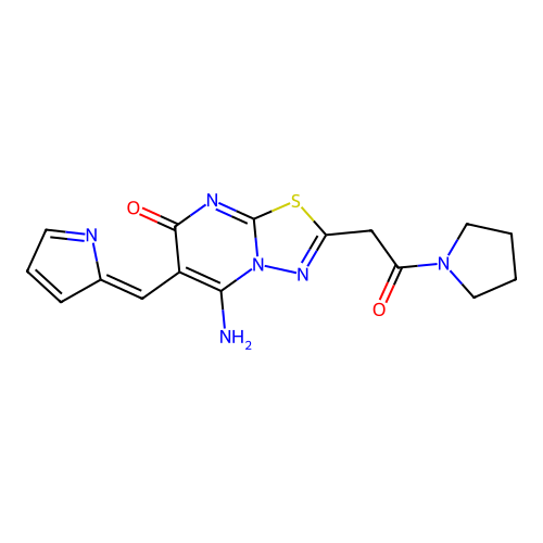 (6Z)-5-imino-2-[2-oxo-2-(pyrrolidin-1-yl)ethyl]-6-(1H-pyrrol-2-ylmethylidene)-5,6-dihydro-7H-[1,3,4]thiadiazolo[3,2-a]pyrimidin-7-one structure