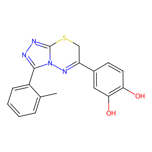 4-[3-(2-methylphenyl)-7H-[1,2,4]triazolo[3,4-b][1,3,4]thiadiazin-6-yl]benzene-1,2-diol structure