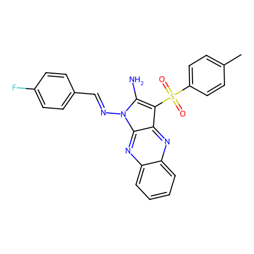 (E)-N1-(4-fluorobenzylidene)-3-tosyl-1H-pyrrolo[2,3-b]quinoxaline-1,2-diamine structure