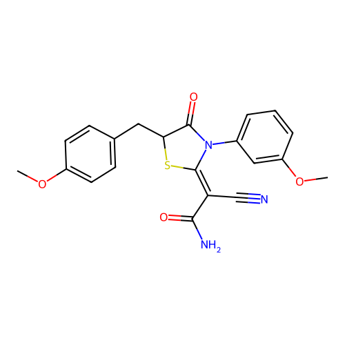 (2Z)-2-cyano-2-[3-(3-methoxyphenyl)-5-[(4-methoxyphenyl)methyl]-4-oxo-1,3-thiazolidin-2-ylidene]acetamide structure