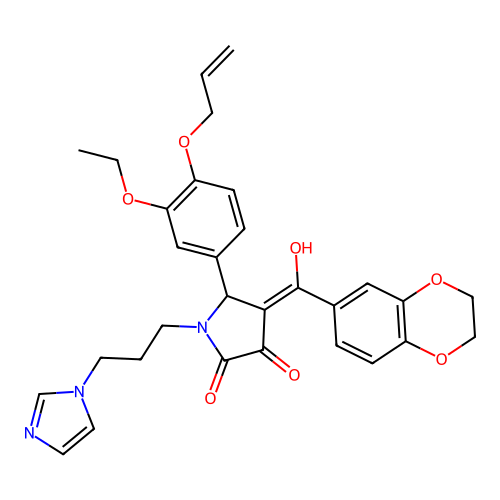 (4E)-4-[2,3-dihydro-1,4-benzodioxin-6-yl(hydroxy)methylidene]-5-(3-ethoxy-4-prop-2-enoxyphenyl)-1-(3-imidazol-1-ylpropyl)pyrrolidine-2,3-dione structure