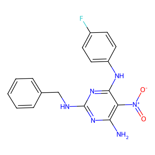 N-Benzyl-N'-(4-fluoro-phenyl)-5-nitro-pyrimidine-2,4,6-triamine structure
