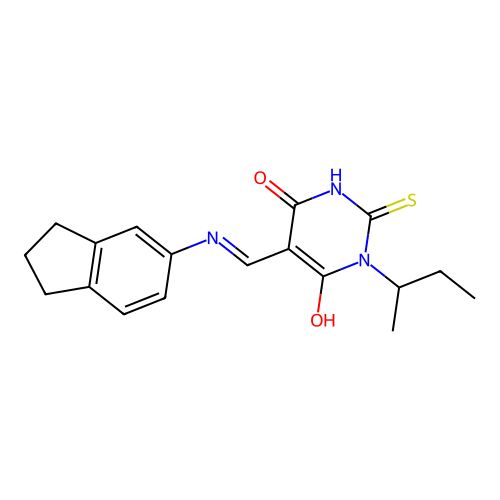 (5E)-1-(butan-2-yl)-5-[(2,3-dihydro-1H-inden-5-ylamino)methylidene]-2-sulfanylpyrimidine-4,6(1H,5H)-dione structure
