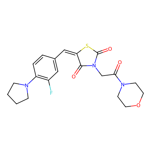 (5E)-5-[(3-fluoro-4-pyrrolidin-1-ylphenyl)methylidene]-3-(2-morpholin-4-yl-2-oxoethyl)-1,3-thiazolidine-2,4-dione structure