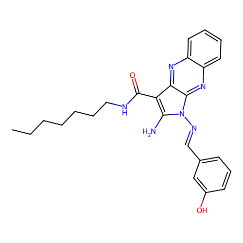 (E)-2-amino-N-heptyl-1-((3-hydroxybenzylidene)amino)-1H-pyrrolo[2,3-b]quinoxaline-3-carboxamide structure