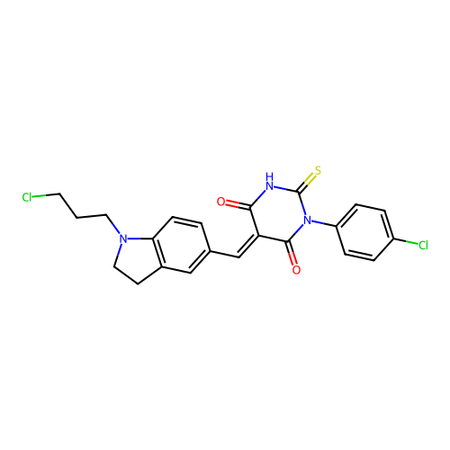(5E)-1-(4-chlorophenyl)-5-[[1-(3-chloropropyl)-2,3-dihydroindol-5-yl]methylidene]-2-sulfanylidene-1,3-diazinane-4,6-dione structure