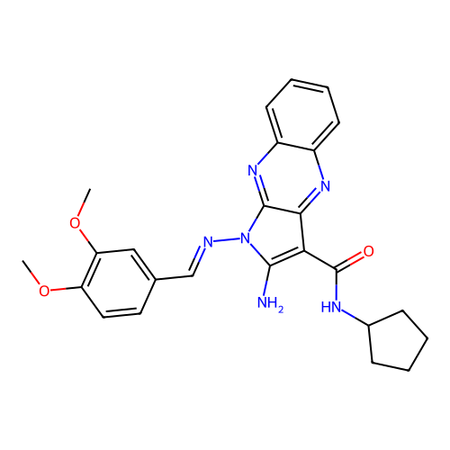 (E)-2-amino-N-cyclopentyl-1-((3,4-dimethoxybenzylidene)amino)-1H-pyrrolo[2,3-b]quinoxaline-3-carboxamide structure