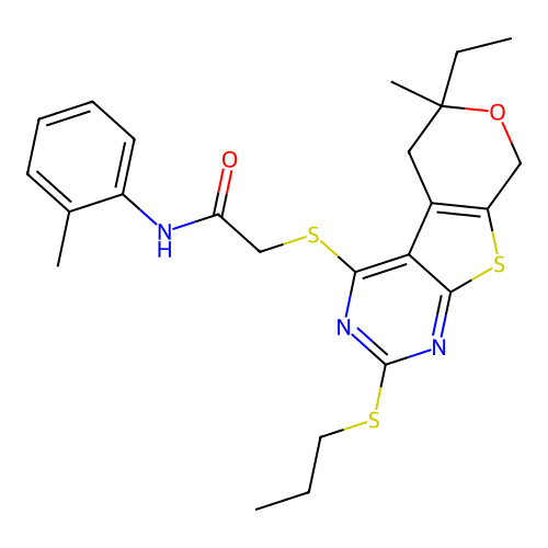 2-((6-ethyl-6-methyl-2-(propylthio)-6,8-dihydro-5H-pyrano[4',3':4,5]thieno[2,3-d]pyrimidin-4-yl)thio)-N-(o-tolyl)acetamide structure