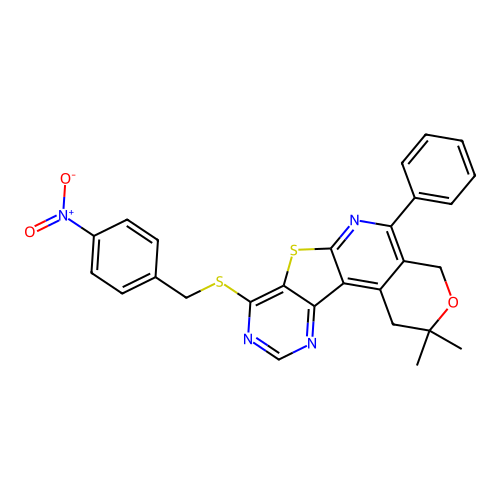 2,2-dimethyl-8-((4-nitrobenzyl)thio)-5-phenyl-2,4-dihydro-1H-pyrano[4'',3'':4',5']pyrido[3',2':4,5]thieno[3,2-d]pyrimidine structure