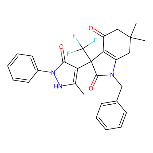 1-benzyl-6,6-dimethyl-3-(5-methyl-3-oxo-2-phenyl-2,3-dihydro-1H-pyrazol-4-yl)-3-(trifluoromethyl)-3,5,6,7-tetrahydro-1H-indole-2,4-dione structure